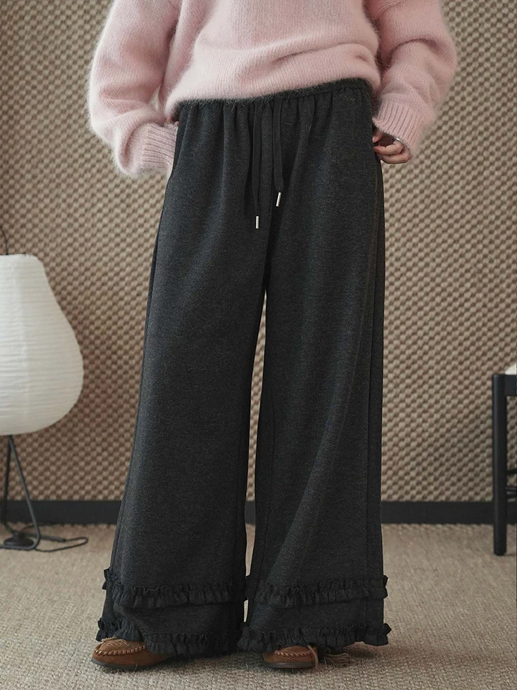 FANAN-pantalones Vintage de encaje empalmado para mujer, pantalones elásticos de cintura alta, rectos, de pierna ancha, ropa con cordón, novedad de invierno