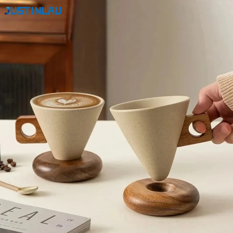 JUSTINLAU Keramik-Kaffeetassen, Retro-Kaffeetassen, hitzebeständige konische Nachmittagstee-Tasse mit Holzsockel und Griff, Kaffeeutensilien