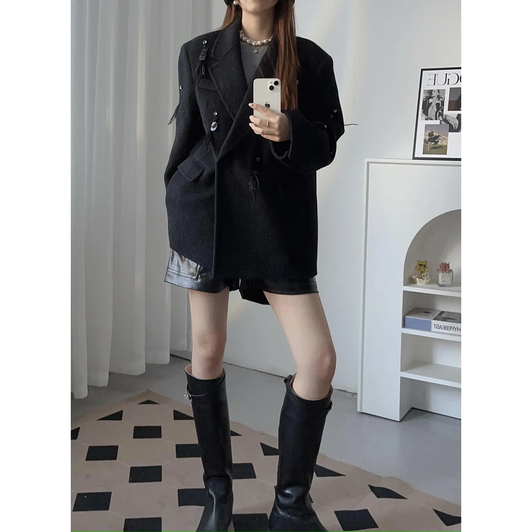  ort Double-Faced Woolen Camere Coat for Women with iny Feather Design Autumn Winter Thiened Suit Jaet