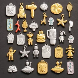 4/8Pcs Trendy Sea Animal Coral Starfish Punk Alien Spacecraft Pendant Jewelry Vintage Fatima Hand Sun Moon Charms Accessories