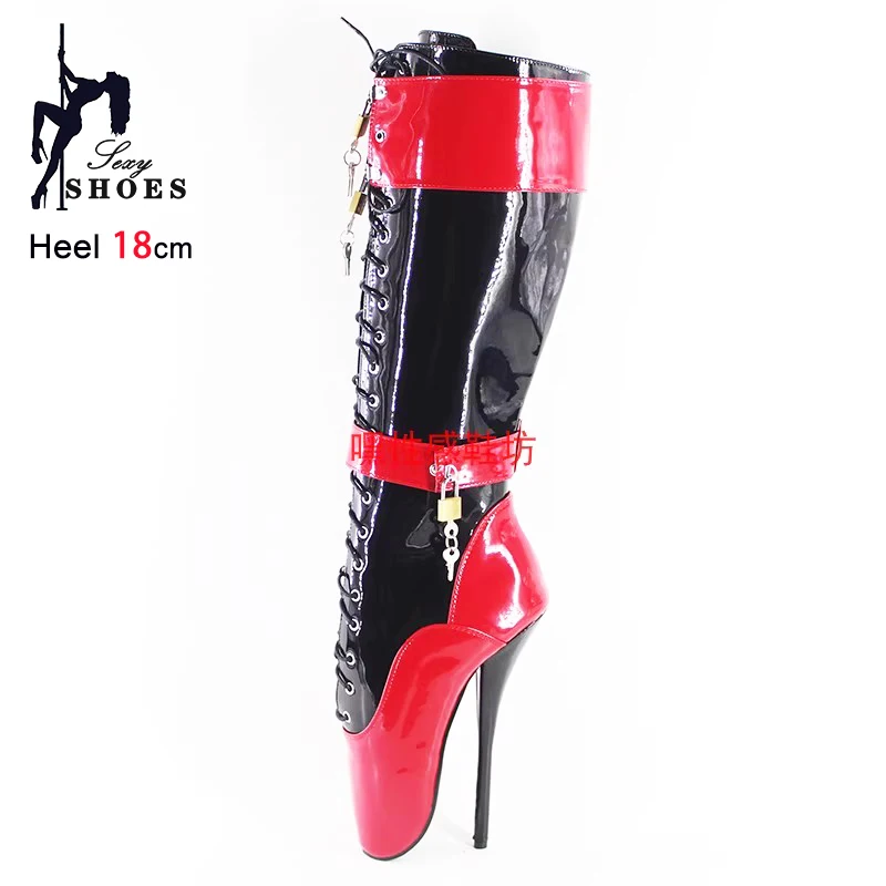 

Lock Wrap Strap Sexy Mid-calf Boots For Woman Ballet Boots 18CM/7'' Lockable Padlocks Stiletto Lace-up Large Size Fetish Shoes