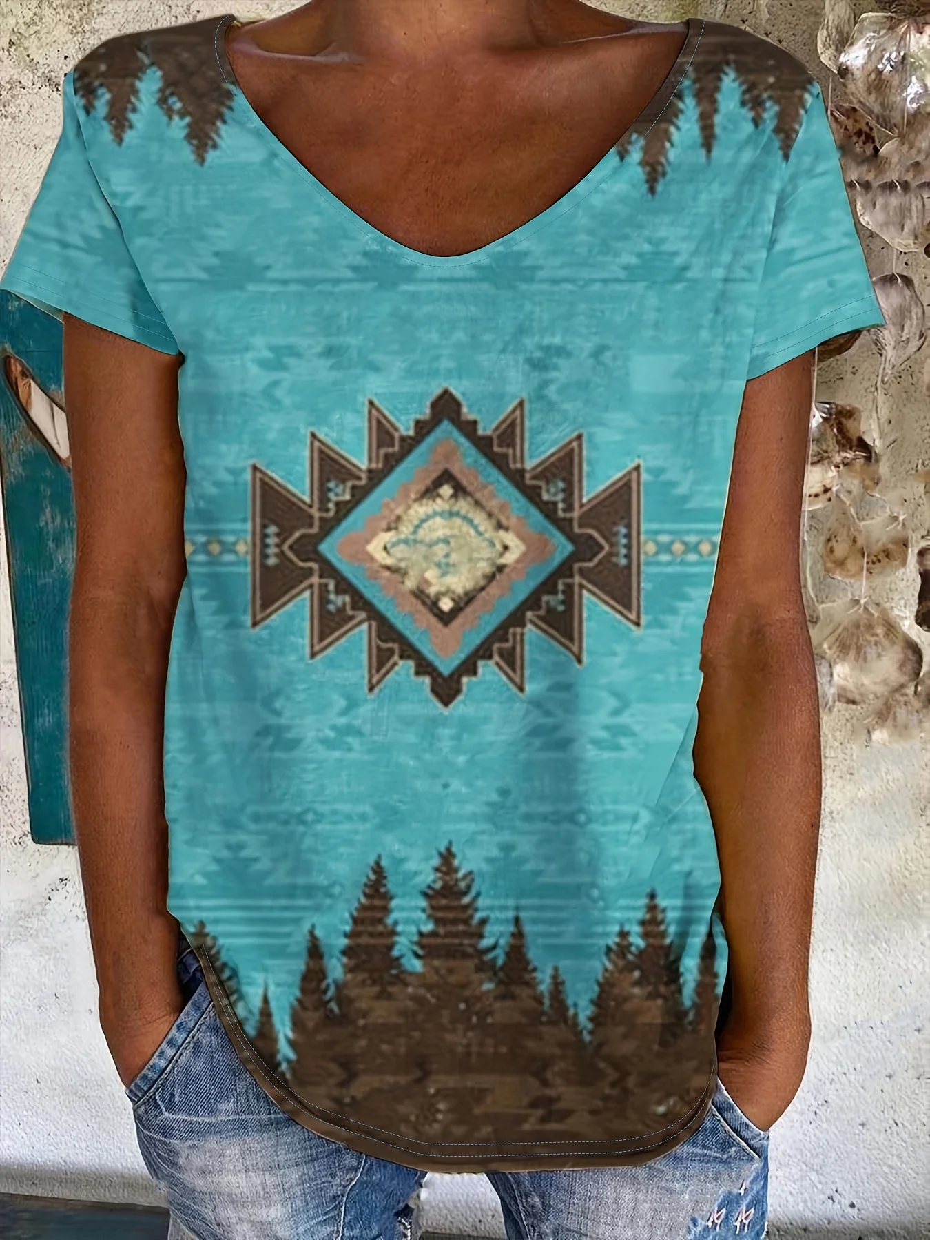 

Women's Western Style Retro Print Short Sleeve T-Shirt Casual V-Neck Short Sleeve Top