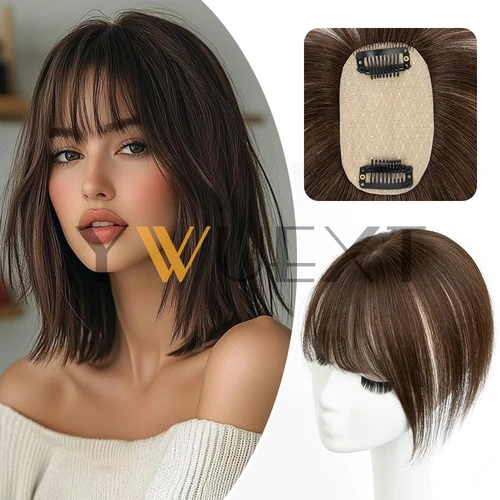 Adorno de cabello humano Real marrón de 5x9cm, postizo superior recto Natural de 8 ""-14"", adorno de pelo negro Natural, parte media con flequillo