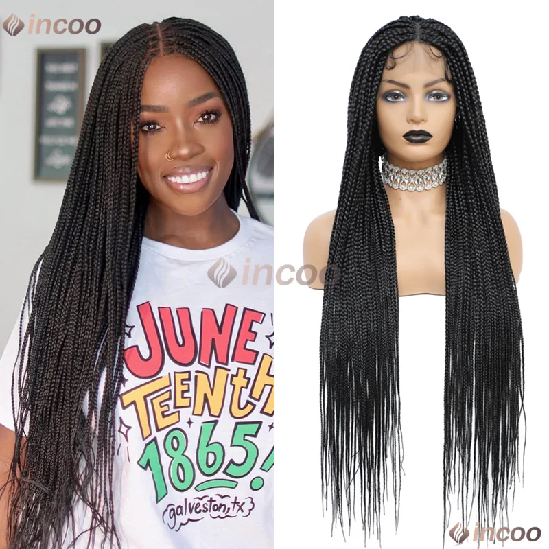 Peruki z przezroczystą koronką, warkocze typu cornrow o długości 36 cali dla kobiet, bezszwowe warkocze typu box braids, czarna peruka afrykańska, syntetyczna peruka na wyprzedaży.