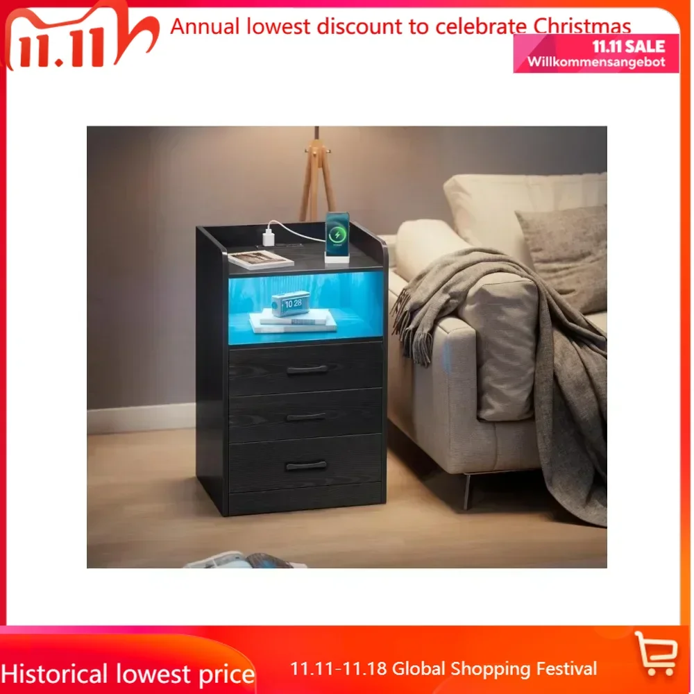 

Nightstand with Charging Station and LED Light Strips, Night Stand with Drawers, End Table with USB Ports and Outlets,Bedside