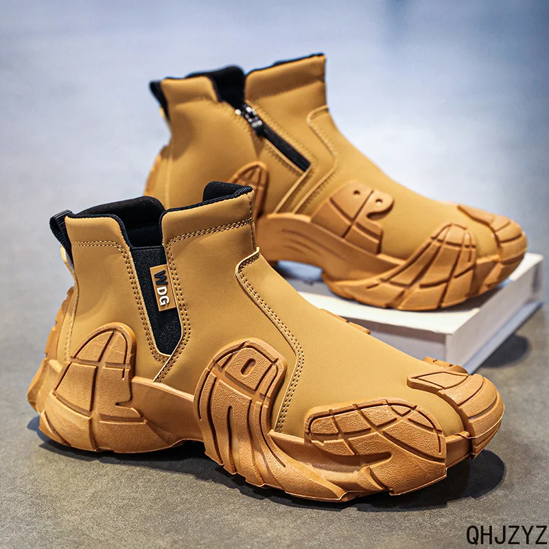 New Men's High-Top Shoes for Autumn - Anti-Slip Waterproof Side-Zipper Work Shoes for Construction Site Leather Shoes