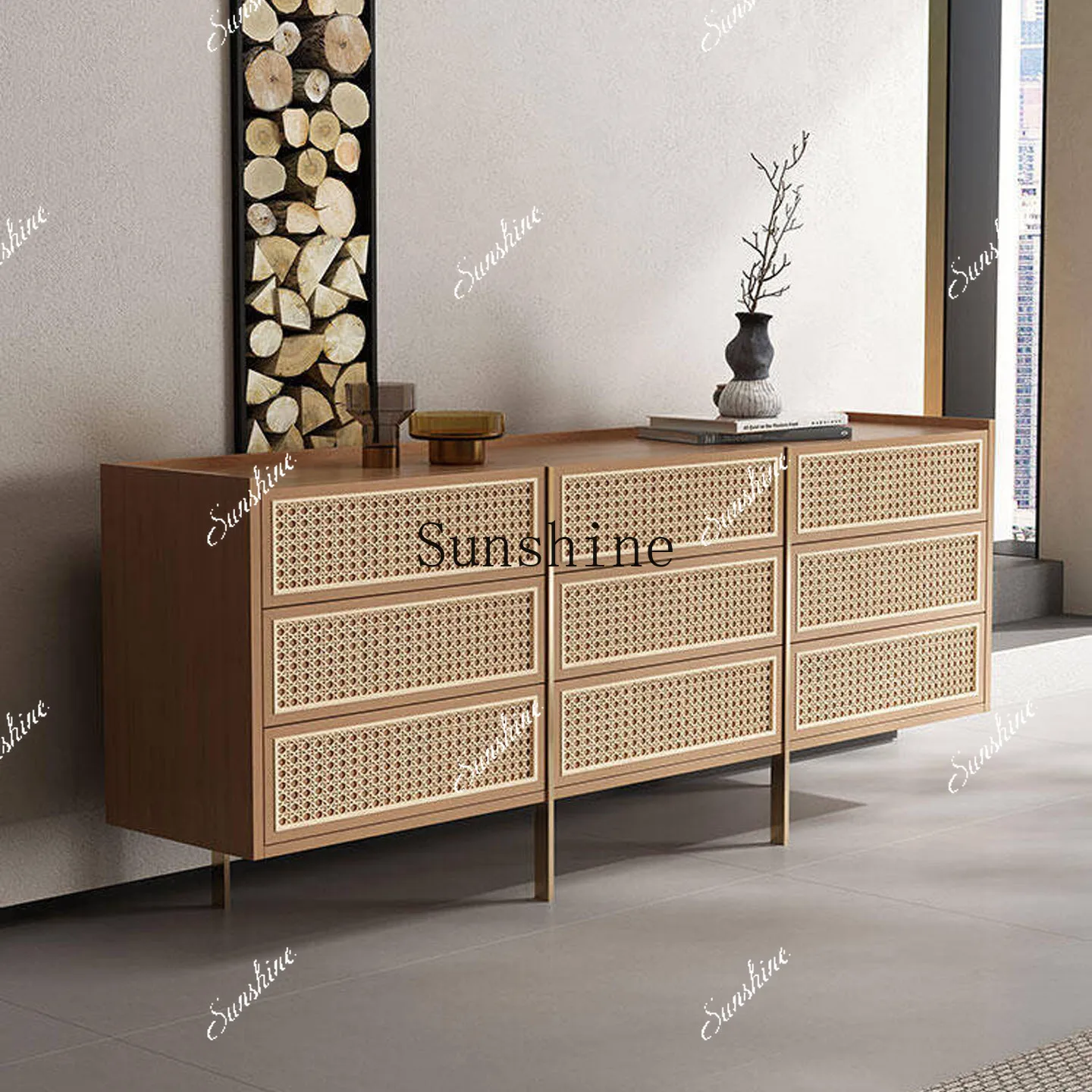 New Chinese ebony rattan simple light luxury nine bucket cabinet living room solid wood storage side cabinet  FT