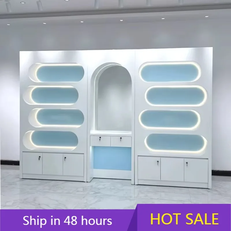 

YTYIN Suppliers Custom Make Modern Wood Wall Stand Solon Furniture Nail Rack with LED Lighting Nail Polish Rack Display Cabinet