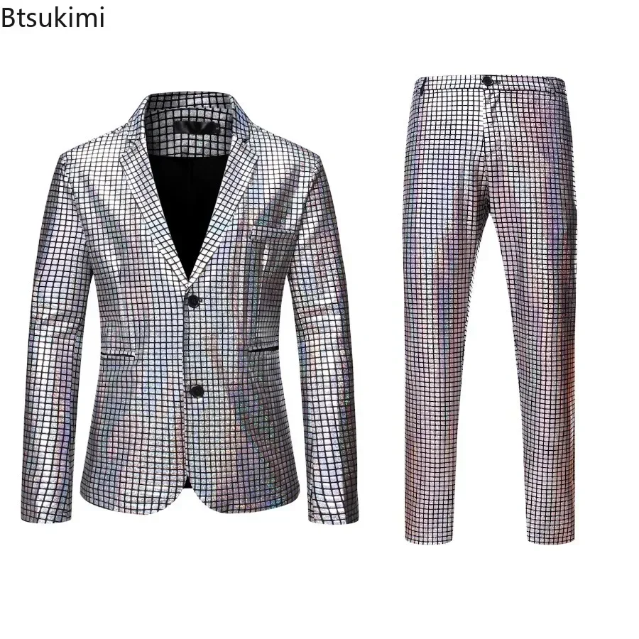 Men's Stage Prom Suits Sets Gold Silver Rainbow Plaid Sequin Jacket and Pants Sets Dinner Clothes Disco Party Clothing for Men