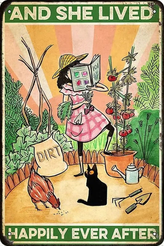Cat and Gardening and She Lived Happily Ever After Metal Tin Signs Iron Painting Plaque Vintage Novelty Funny Parlor Home Restau