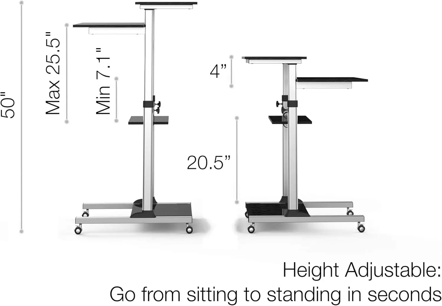 Rolling Desk for Laptop - Standing or Sitting Mobile Computer Cart with Wheels, Adjustable Height & 27.5-inch Surface