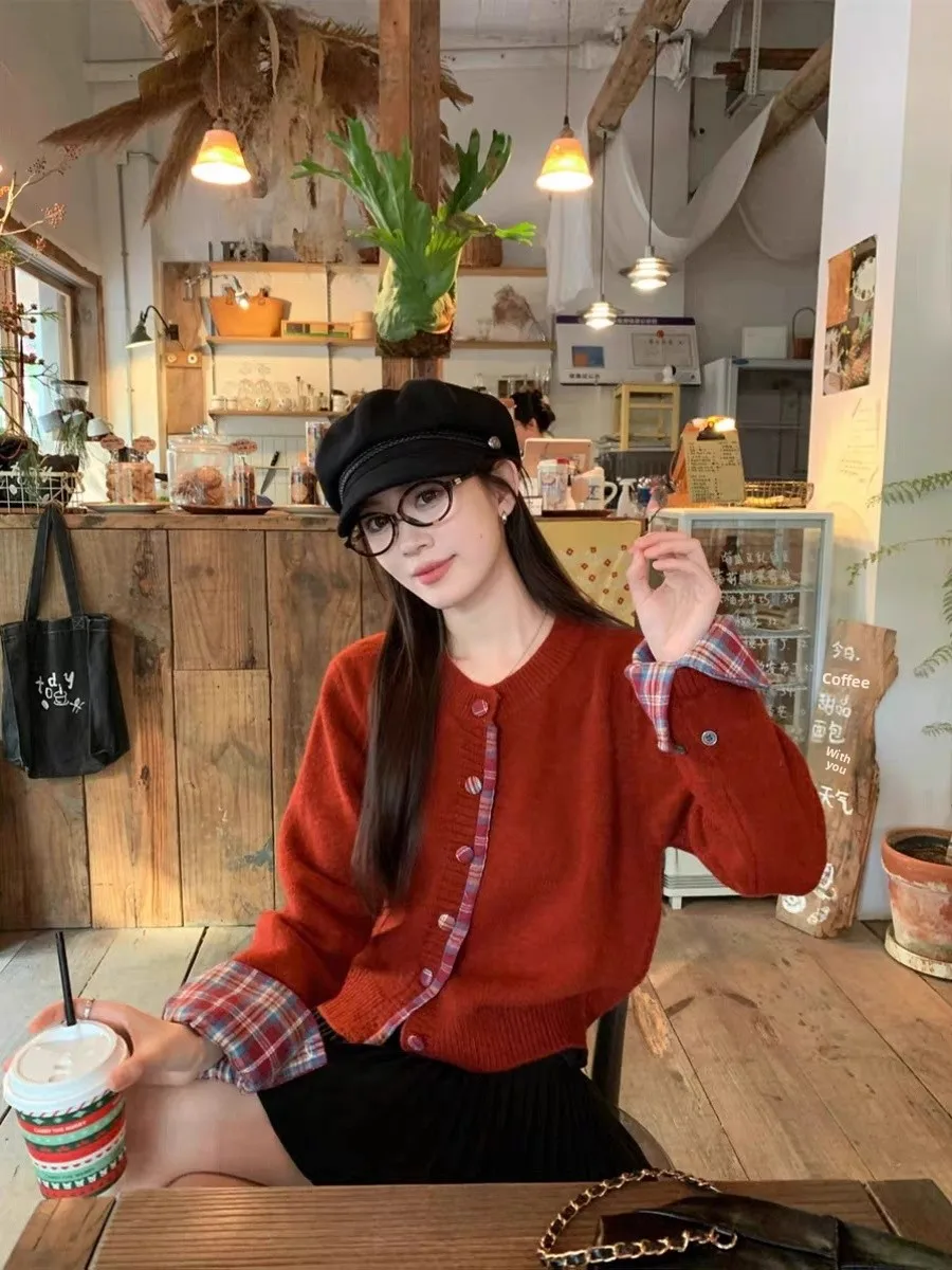 플레이드 라운드 네이 니트 스웨터 여성용 가을 겨울 빈티지 페이크 투피스 니트웨어 아우터웨어 한국 스타일 루즈핏