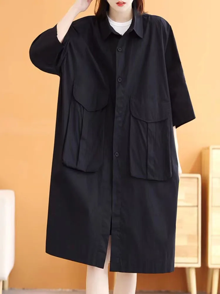 فضفاض الكورية Sle المرأة الصيف irt الدكتور مع كيتس كبيرة الفنية بدوره إلى أسفل طوق H-الخط منتصف طول ألف خط الدكتور