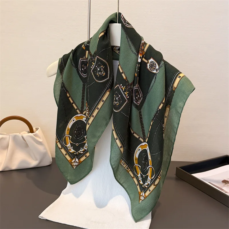

Luxury Chain Print Square Scarf For Women Cotton Linen Feeling Neck Scarf Shawl Warp Elegant Neckerchief Bandanas Ladies Hijab
