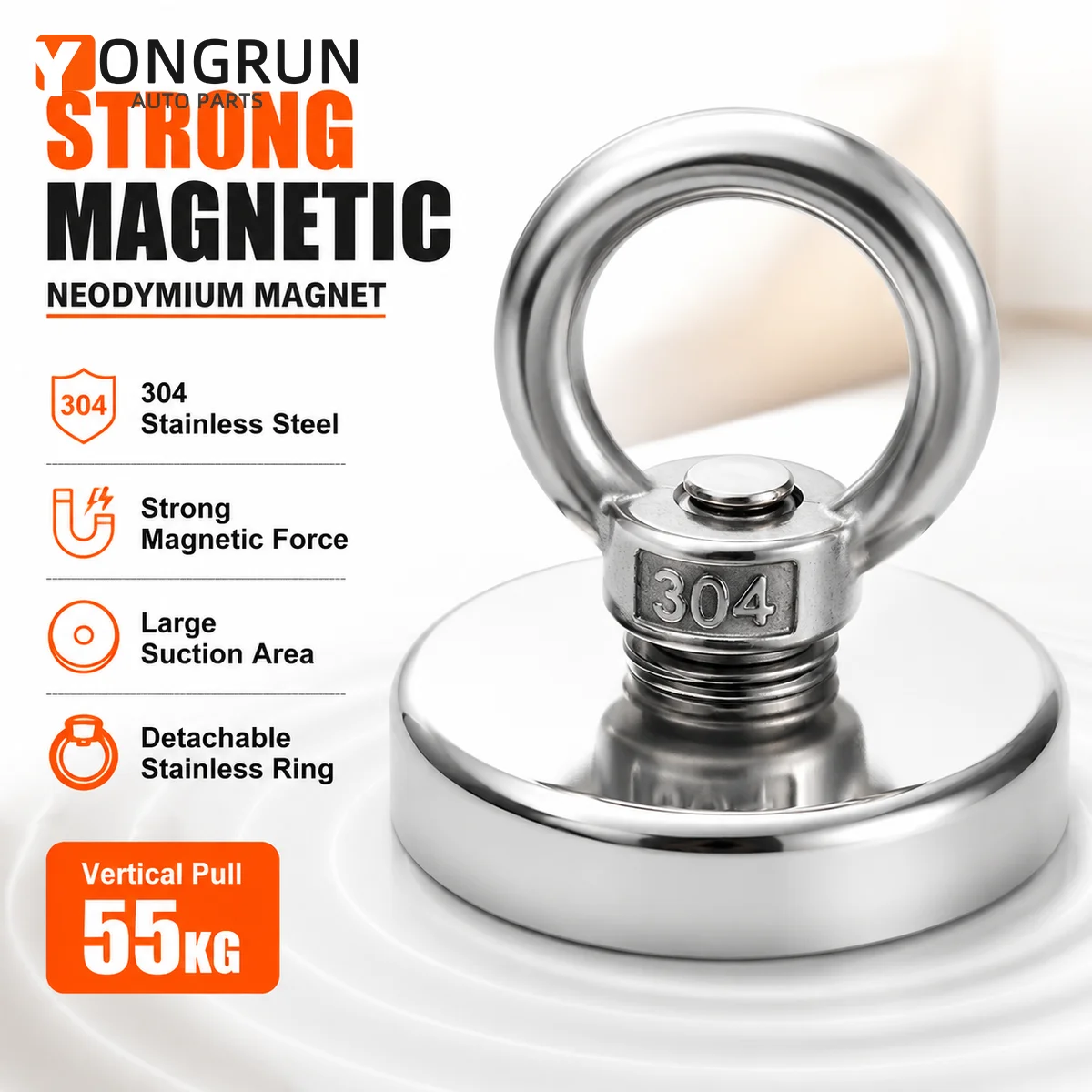 Yongrun 304 Stainless Steel Round Salvage Magnet With Detachable Hook Strong Magnetic Pull Force For Recovery Electroplated Stee