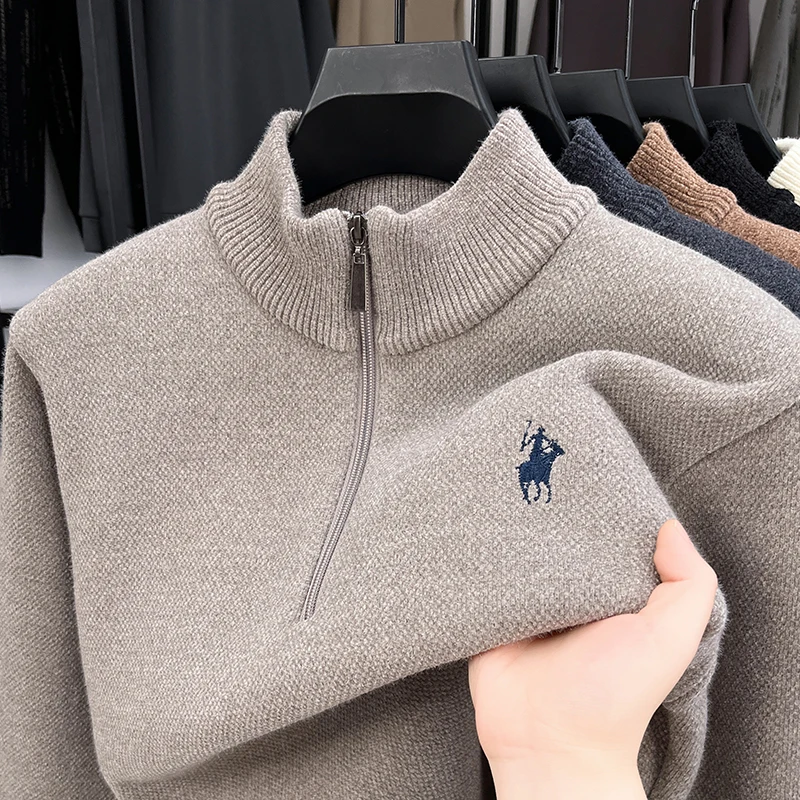 Luxuriöser Herren-Langarm-Strickpullover mit halbem Reißverschluss, Pferde-Stickerei, Stehkragen, Winter-Neuheit, Warmer, Stilvoller, Verdickter Herrenpullover – Detail 14