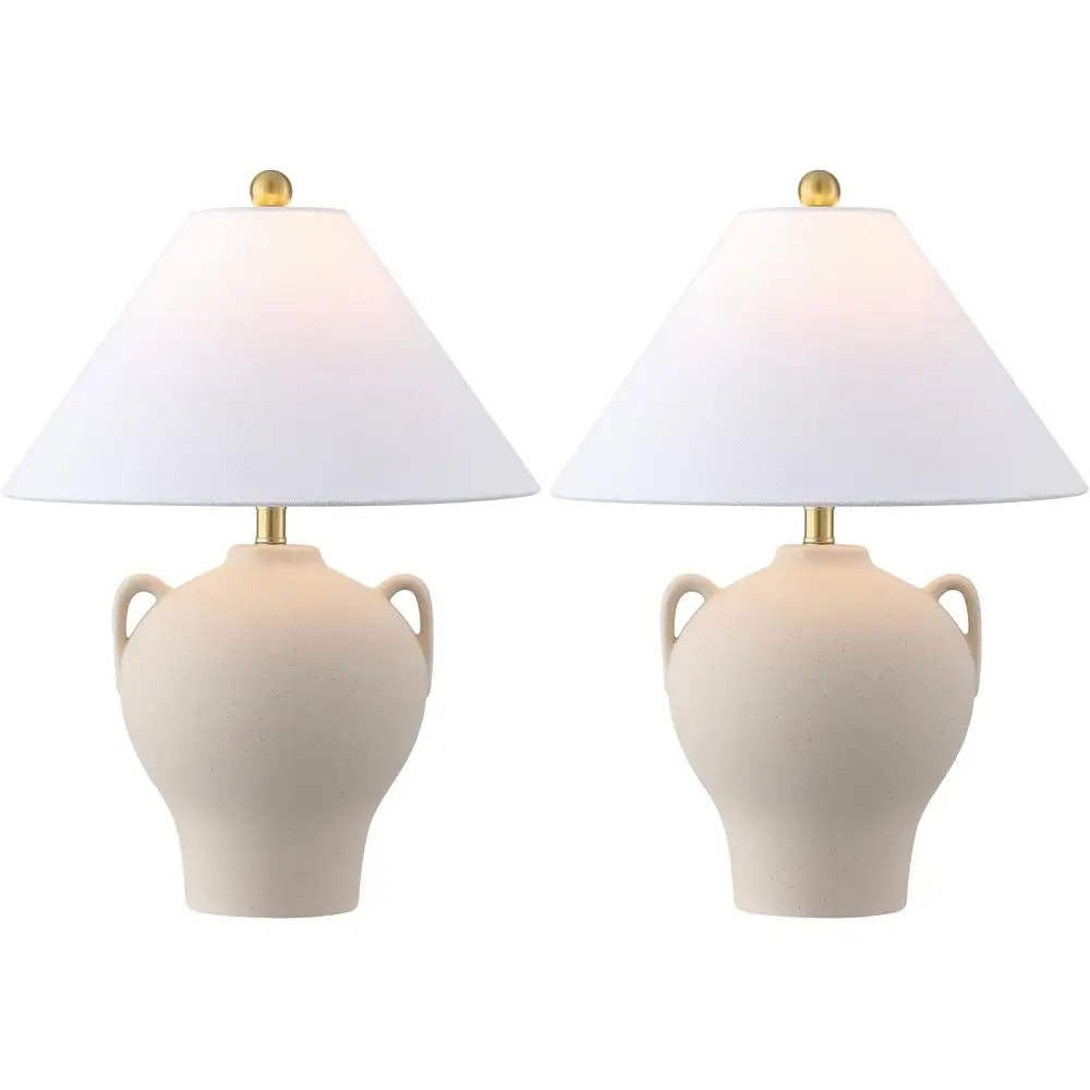 Beige Ceramic Table Lamp Set of 2, 18 with Fabric Shades, E26 Bulb Compatible