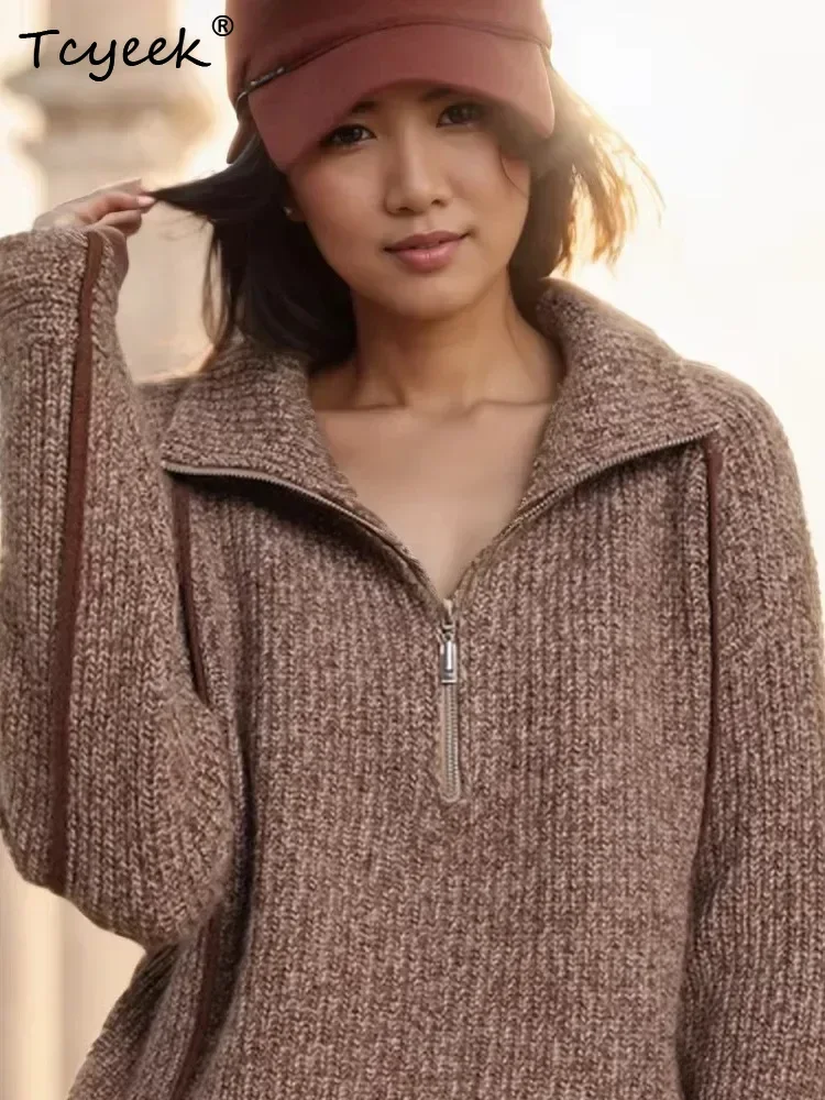 Fashion Casual Pullover Sweater Autumn Winter 100%Cashmere Women Sweater Zipper High Lapel Collar Warm Clothes Flower Gauze Knit