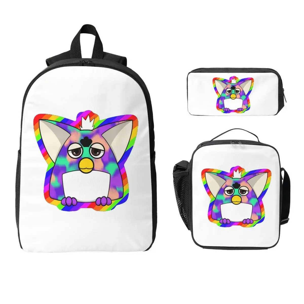 Gay Tye Dye Furby Relaxed Fit Backpack  Boys Girls BookBag School Bag Computer Shoulder Bags 3ps Insulated Lunch Bag Pencil Case