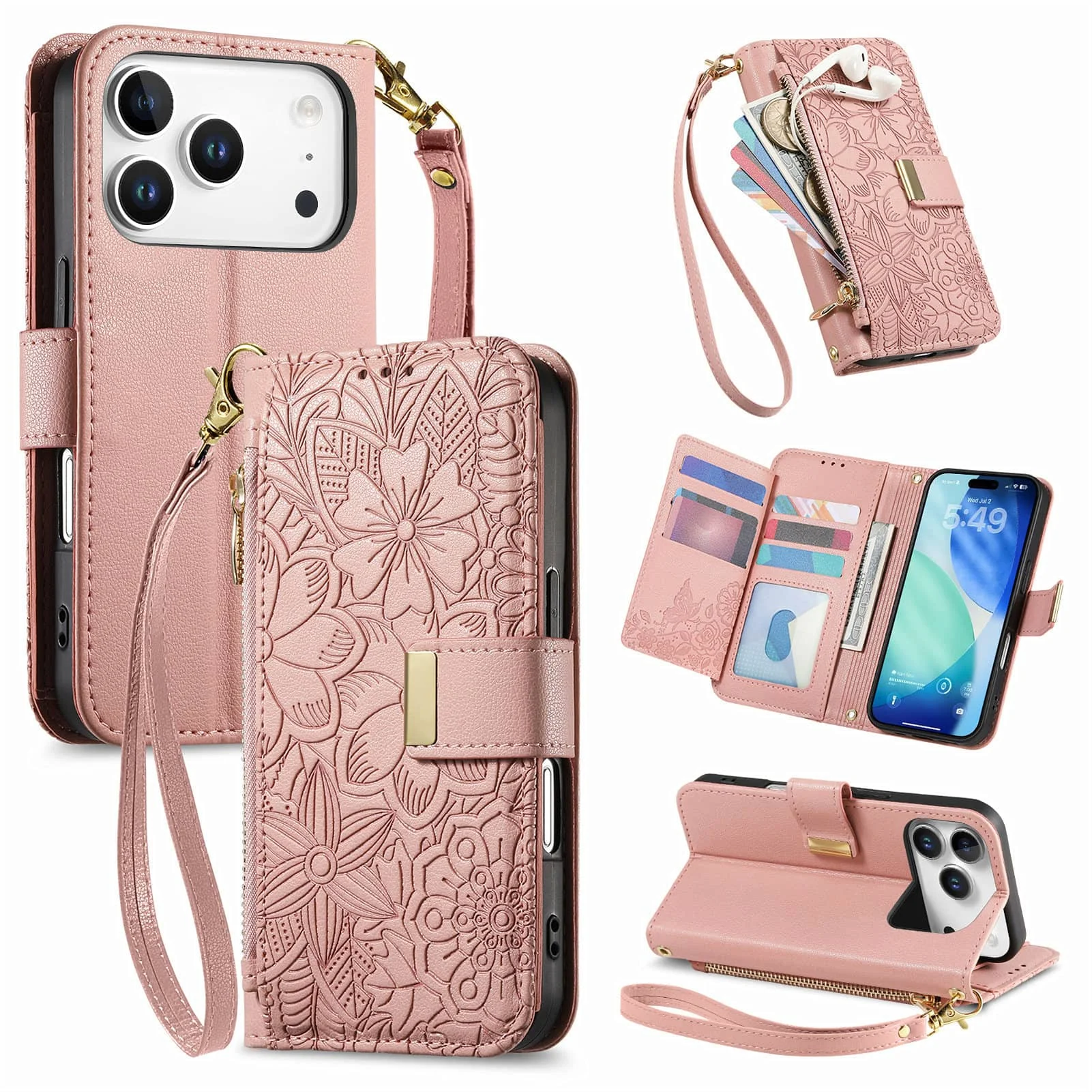 Kompatibel mit iPhone 17/16e/15/14/13/12 Pro Max 16 Plus Lanyard Reißverschluss Wallet Case Dual Card Holder Flip Stand Magnetische Schnalle