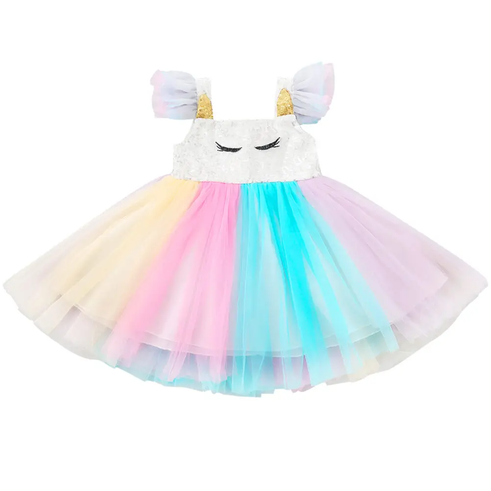 Girls Rainbow Color Tulle Dress Size 110Cm Sleeveless Party Costume Birthday Performance Outfit Accessory for Girl