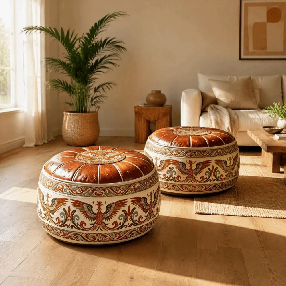 Retro Ethnic Style Sofa Stool Cover Phoenix Pattern Space Saving Round Footstool Cover PU Leather Unfilled Pouf Cover