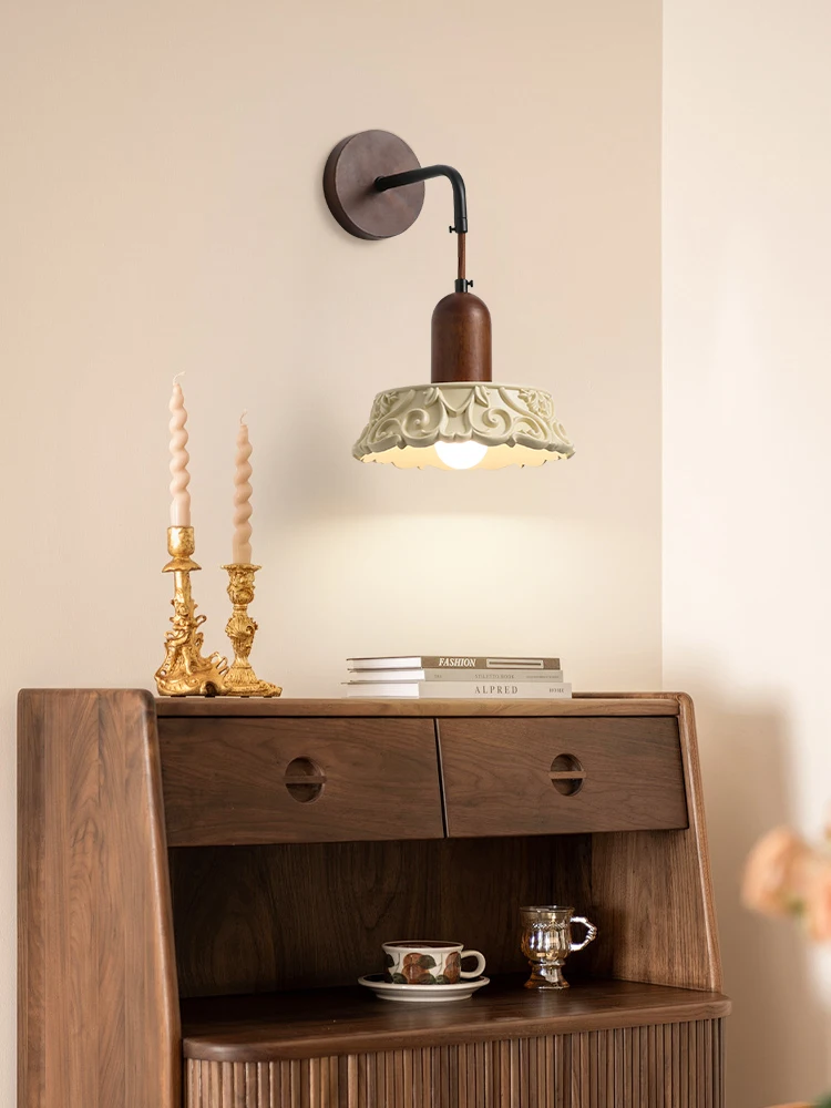 Wall lamp bedroom bedside lamp medium ancient style solid wood wabi sandy wind retro creative personality carved bed