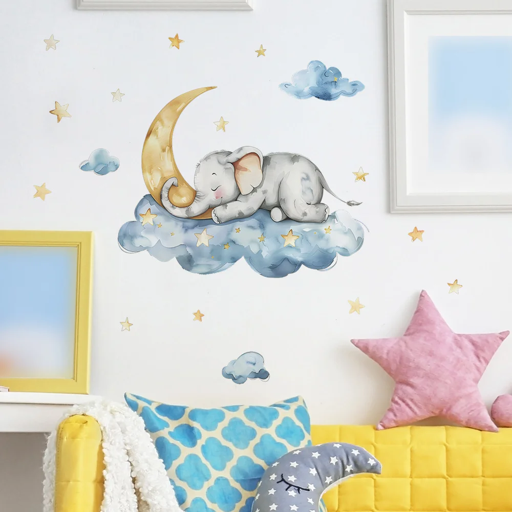 Cartoon Elephant Cloud Moon Star Good night Children's Room Kindergarten Wall Sticker For Kids Room Decor decals Poster Mural