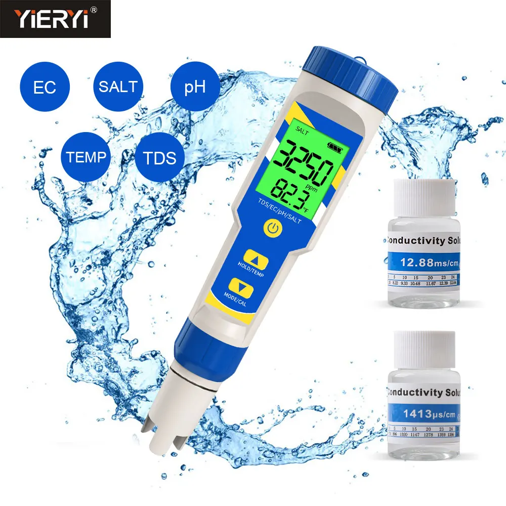 

Yieryi 5 in 1 Salinity/EC/TDS/Temp/PH Meter High Accuracy Salt Water Tester IP67 Waterproof for Aquariums Swimming Pool Hot Tub