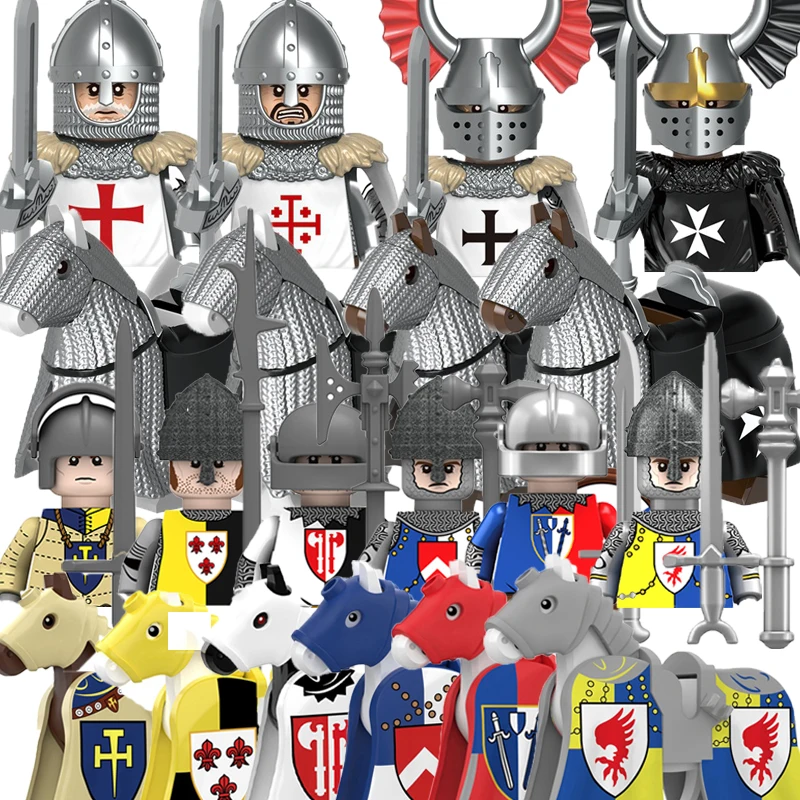 Blocs de construction militaires figurines de soldats cadeaux jouets armes la guerre des Roses chevaliers teutoniques médiévaux casque de bouclier de cheval de guerre