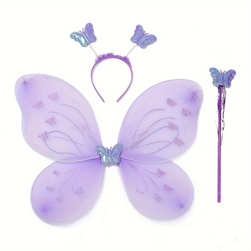 Adorable Exquisite Angel Butterfly Wings Props With Headband & Wand Set, Dress Up, Halloween Cosplay Costume, Birthday Party