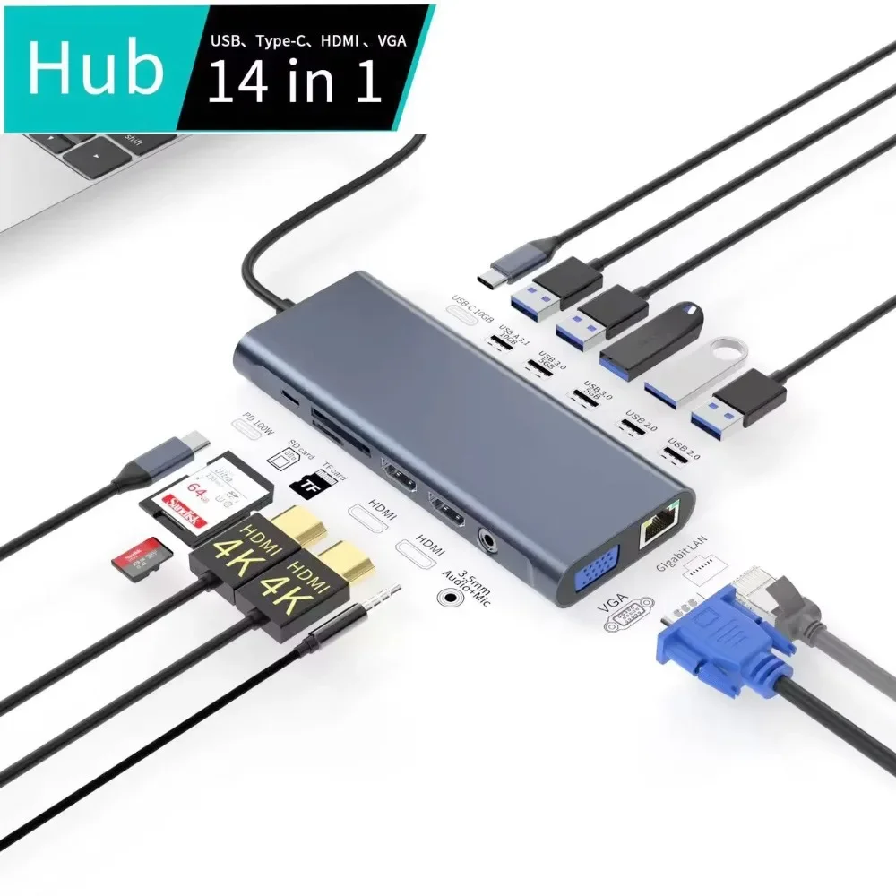 

12 13 14 in 1 Docking Station USB3.0 Hub with Dual HDMI SD TF USB 3.1 USB-C 10GB PD 100W VGA RJ45 3.5mm Audio