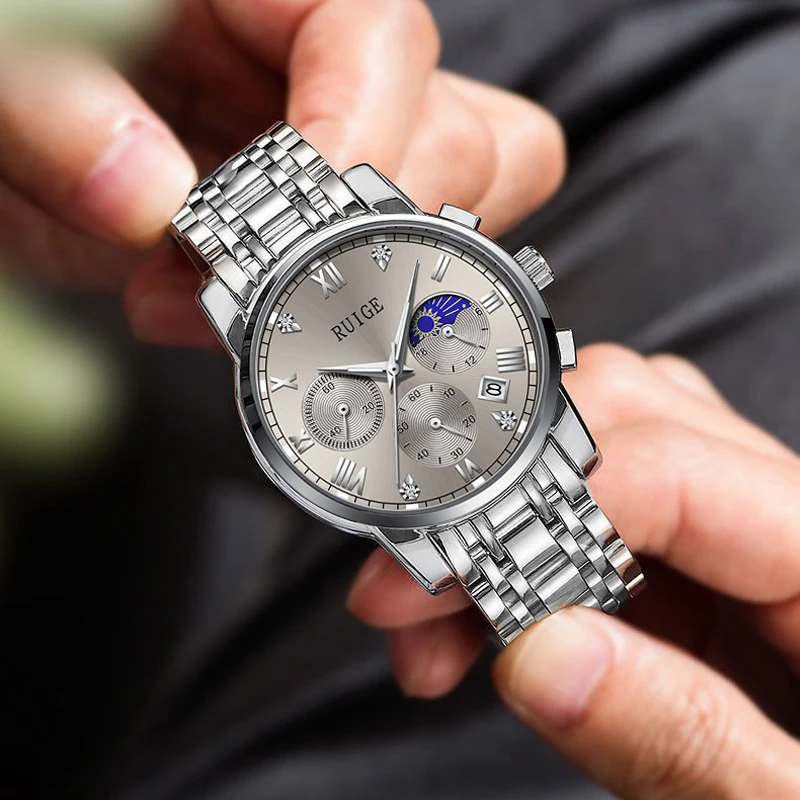 루이게 야광 삼안 육침 스테인리스 스틸 시계줄 쿼츠 시계 패션 트렌드 레저 선물 남성용 손목시계