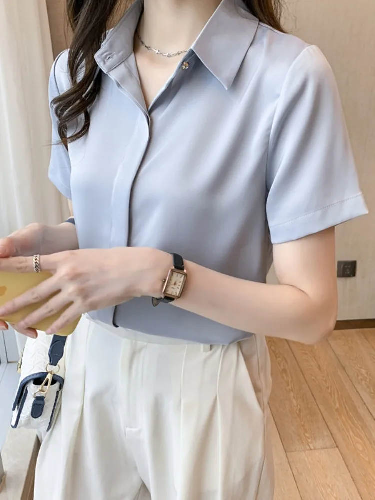 

Женская шелковая рубашка Ele Silk, белая, с длинным рукавом, немнущаяся, летняя, с коротким рукавом, для собеседований, в корейском стиле, прямого кроя