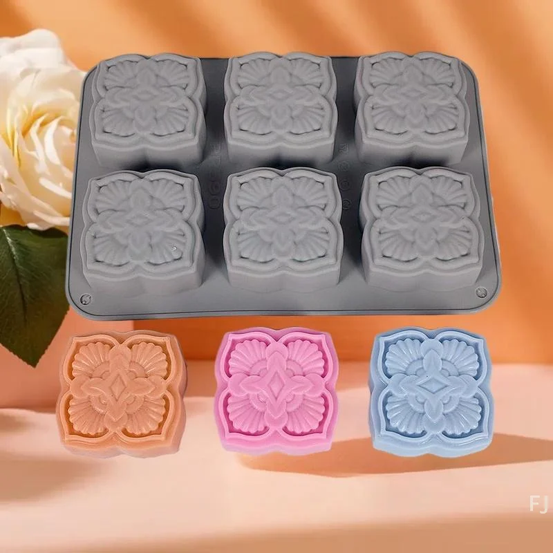 [YU]6-Cavity Vintage Floral Silicone Soap Mold - European Style Square Craft Mold For DIY Handmade Soaps Candle Making
