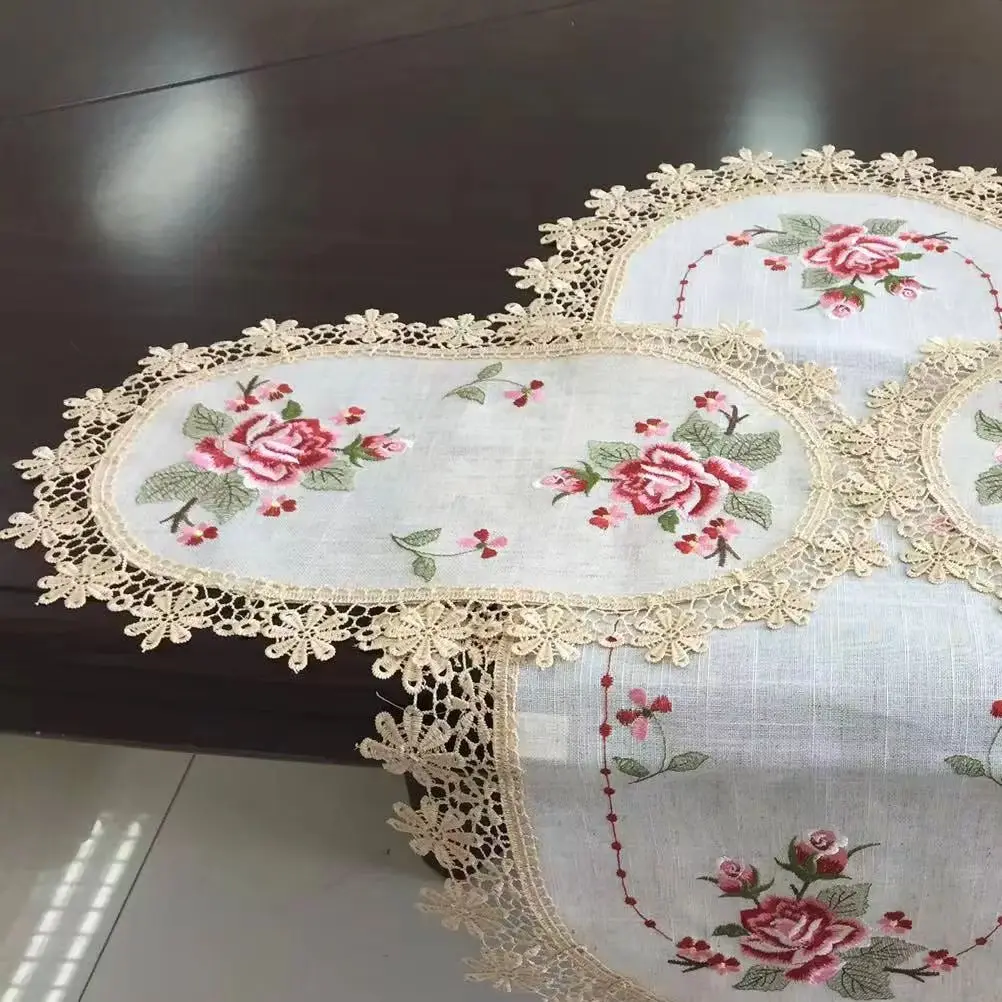 4PCS Embroidered  Elegant Lace Tablecloths Jacquard Wedding Table Cloth  Polyester Slubbed Cloth Floral Style Table Runner30*45