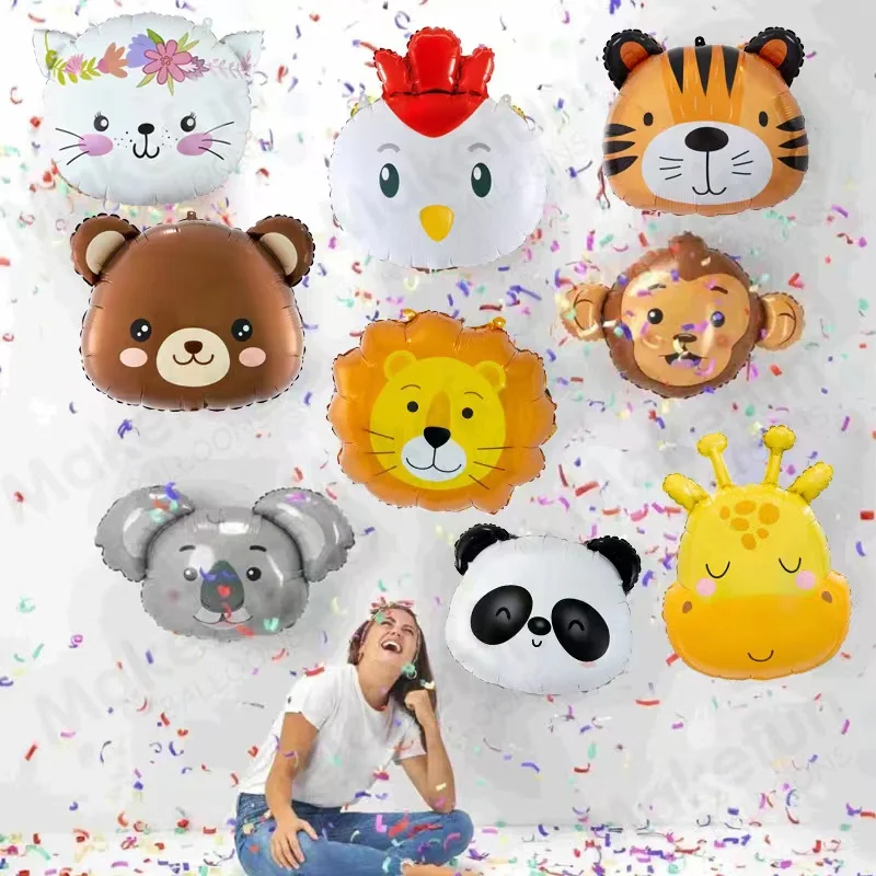 Large cartoon animal head lion tiger giraffe panda brown bear forest jungle party decoration aluminum film balloon