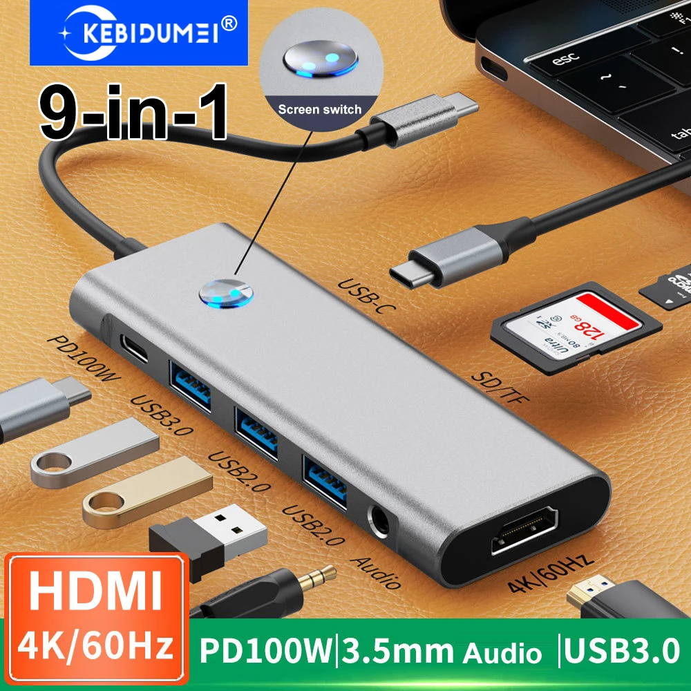 9-in-1 USB C Docking Station with Screen off Button USB HUB TYPE-C to HDMI 4K60Hz/USB 3.0 5Gbps PD100W Fast Charging for MacBook