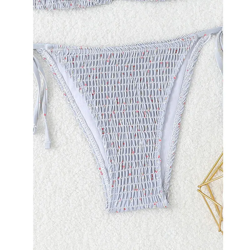 Sexy Tie Halter Grey Dot Print Wrinkled Bikinis Sets Two Pieces Thong Swimwear Biquini Conjunto De Bikini Tankini Beachwear