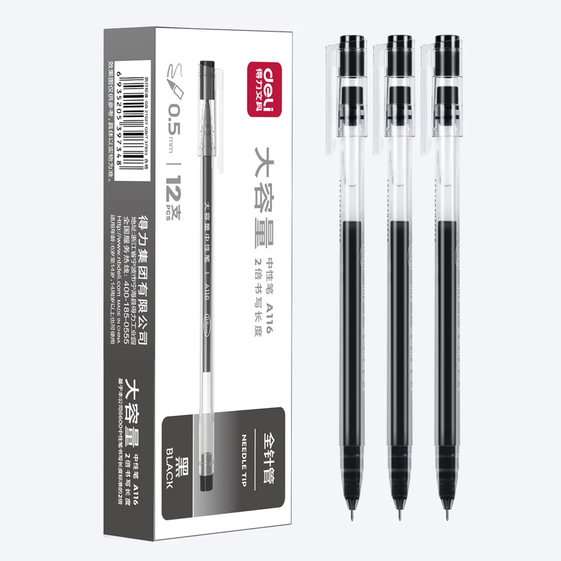 Deli Large Capacity Gel Pen 0.5mm Needle Tip Ink Color Red Blue Black Smooth Writing Pen for School Office Art Stationery Pen