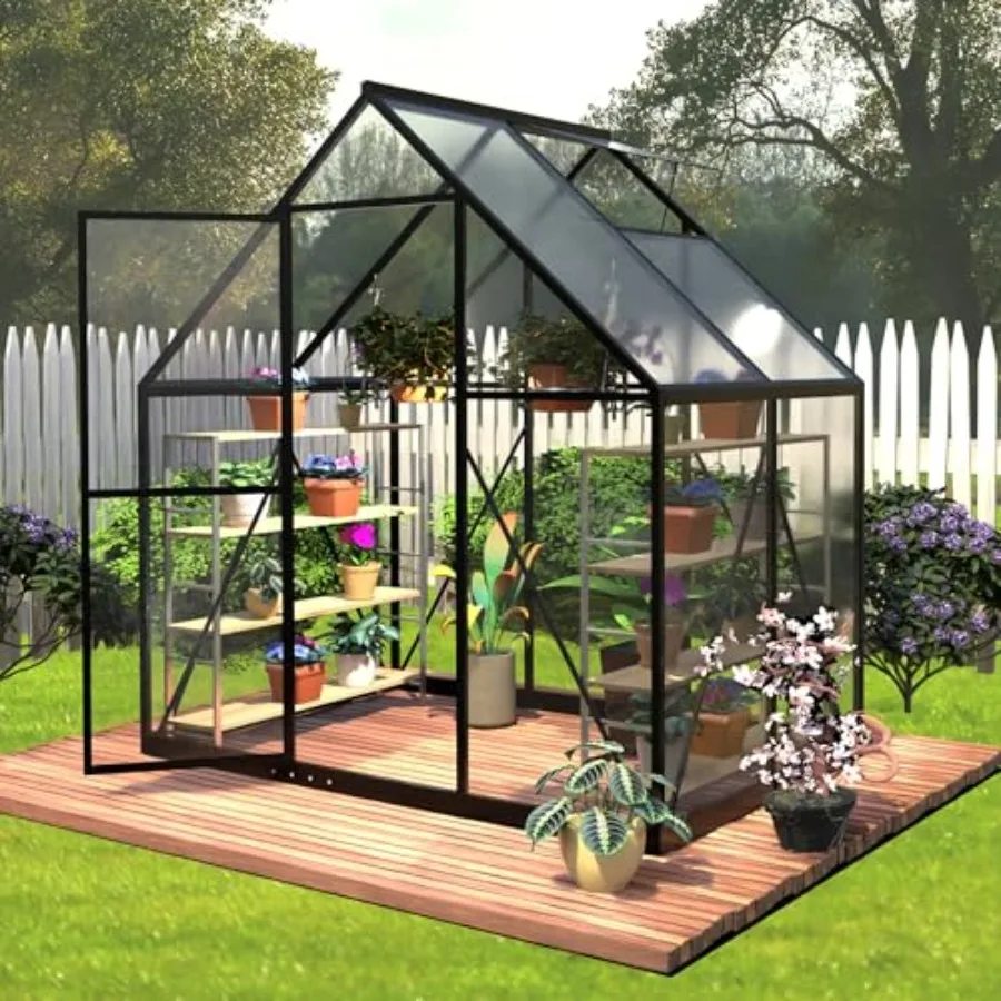 6 x 4 FT Polycarbonate Greenhouse, Winter Greenhouses for Outdoors, Outdoor Greenhouse with Roof Air Vent, Heavy Duty Walk-in A