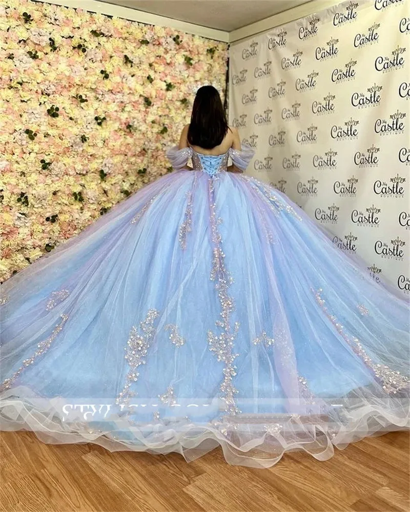 Princess Ball Gown Quinceanera Dresses Beaded Birthday Prom Dresses For Girl Appliques Lace Up Back Pageant Graduation Gowns