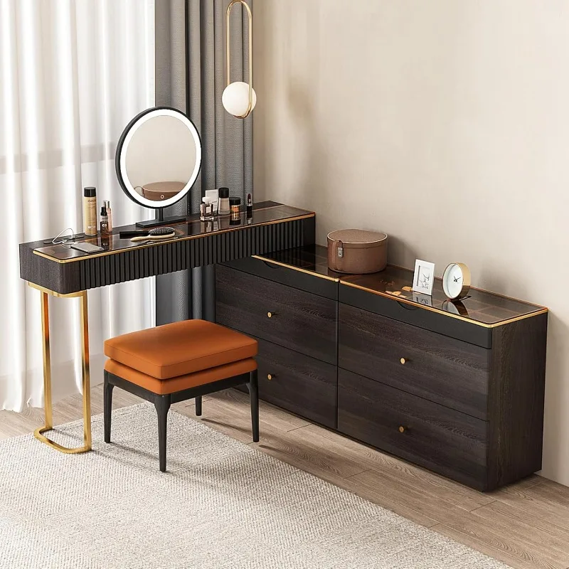 Modern Wood Makeup Vanity Desk with Mirror and Lights Glass Top L Shape Corner Dressing Table with 2 Movement Cabinet, Stool, Mu