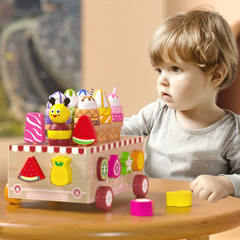 مكعبات بناء صندوق فكرية لآيس كريم الفاكهة المحاكاة الخشبية، ألعاب ألغاز مطابقة الشكل للتعليم المبكر للأطفال، XT177