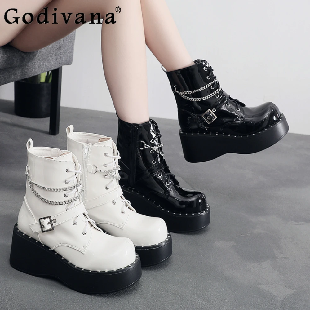 

Black Lolita Shoes Goth Punk Platform Shoes Y2k Subculture High Boots Waterproof Chain Boot Women