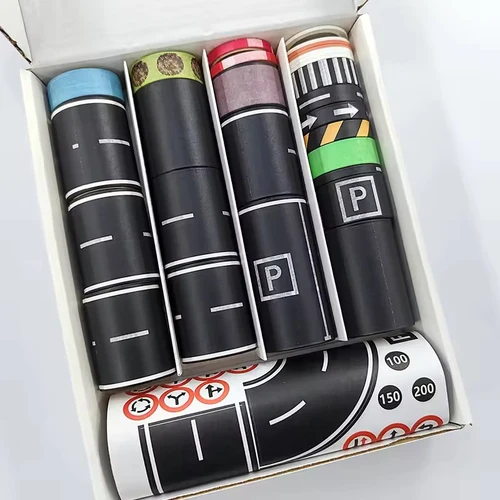 Imagen 2 del producto 28 rollos + 9 pegatinas de escena de juego de tráfico, 118,1 pulgadas, bricolaje, diseño de tránsito ferroviario, cinta de papel, pegatinas para manual de estudiantes, juguetes para niños