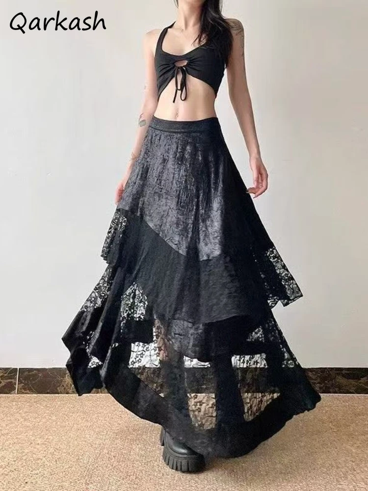 

Solid Skirts Women High Waist Vintage Hollow Out Spring Korean Style All-match Design Loose Breathable Leisure Ladies New Chic