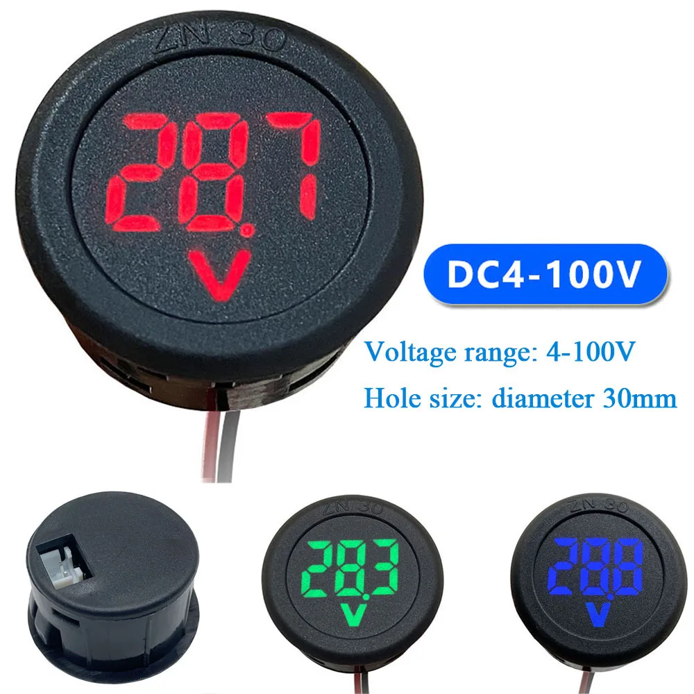 DC 4-100V Two Wire Panel Voltage Meter Car Voltmeter LED Digital Display Durable Portable Round Easy to Install Convenient Carry