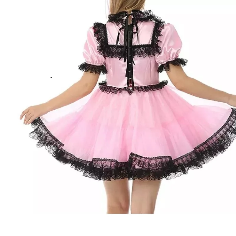 Sexy empregada francesa rosa cetim manga curta com fechadura renda preta babados vestido empregada cosplay traje customizável