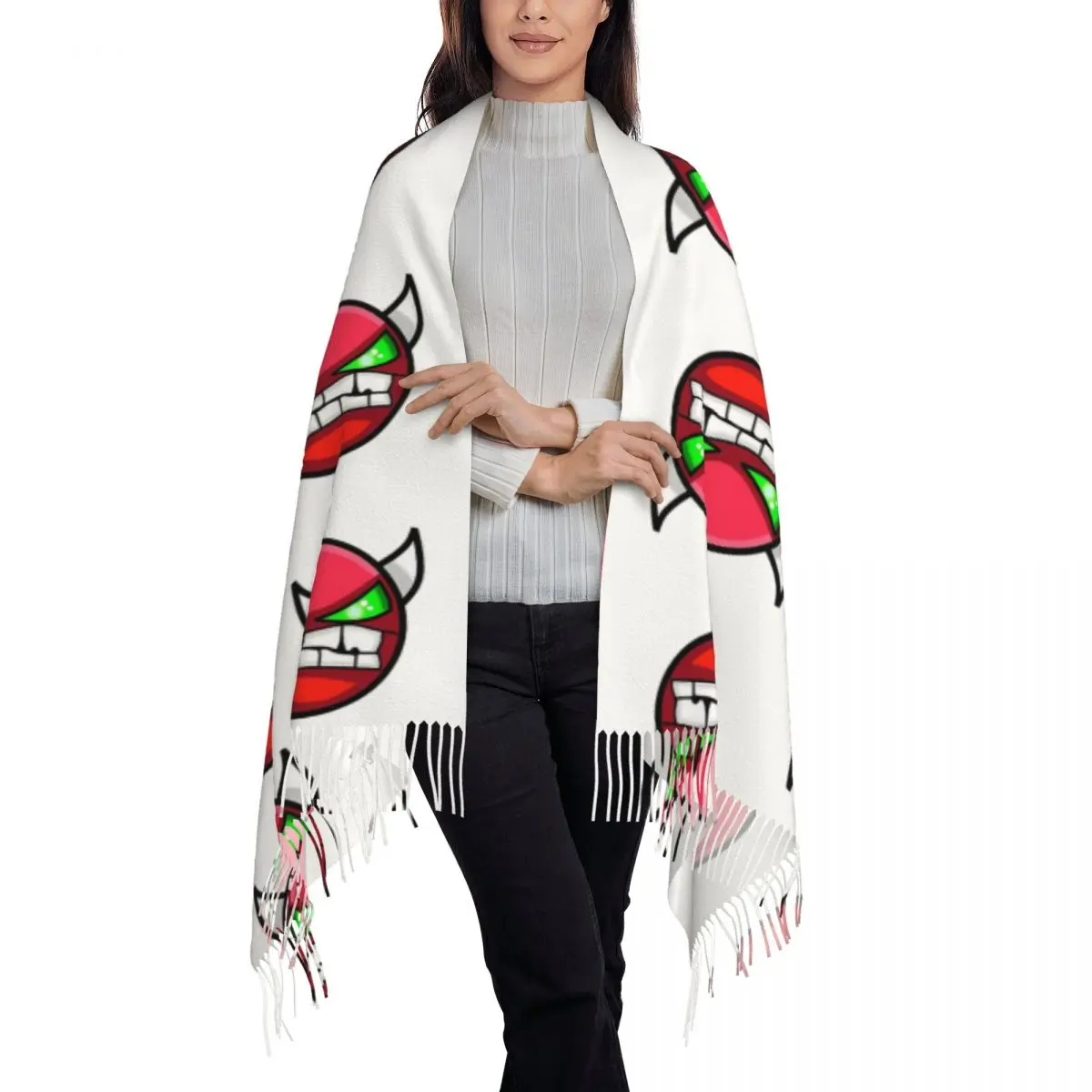 Video Game Geometry Dash Scarf Tassel Scarves Women Soft Warm Shawls and Wraps Large Fall Winter Shawl Wrap